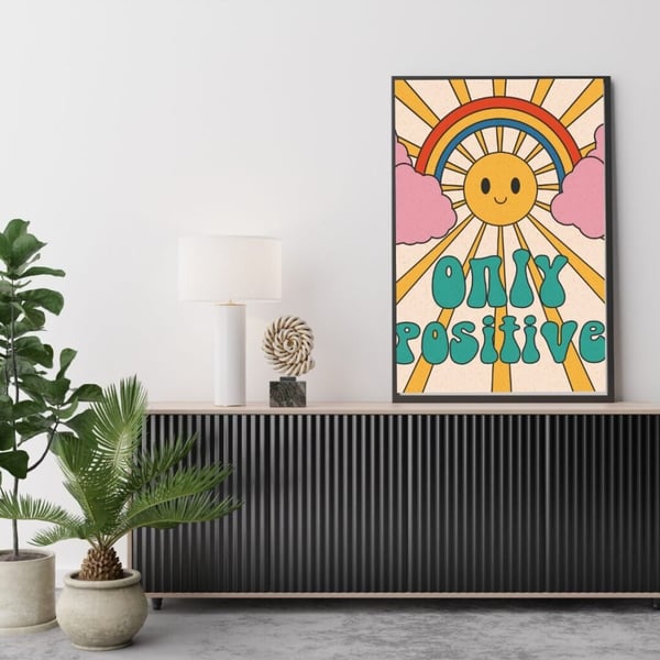 Only Positive Plakat 50x70 cm – Retro Regnbue Plakat | Motivations Vægkunst | Farverig Dekoration