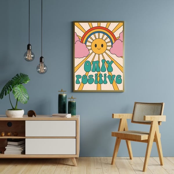 Only Positive Plakat 50x70 cm – Retro Regnbue Plakat | Motivations Vægkunst | Farverig Dekoration