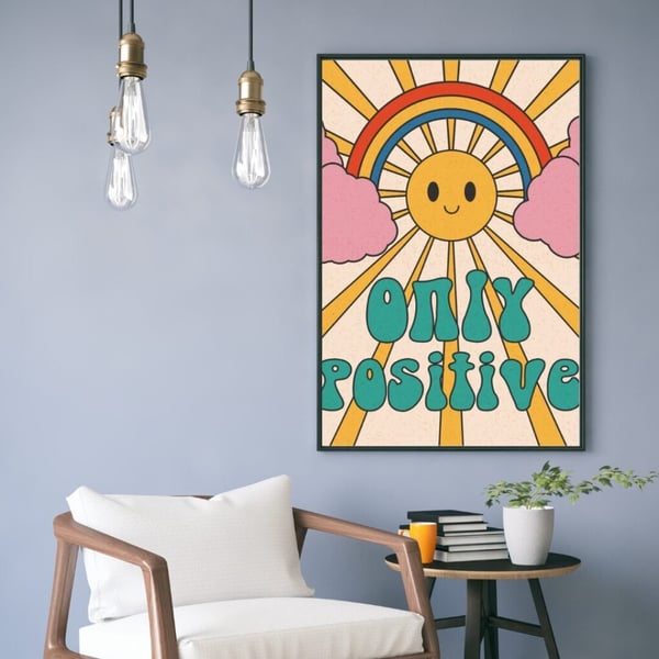 Only Positive Plakat 50x70 cm – Retro Regnbue Plakat | Motivations Vægkunst | Farverig Dekoration