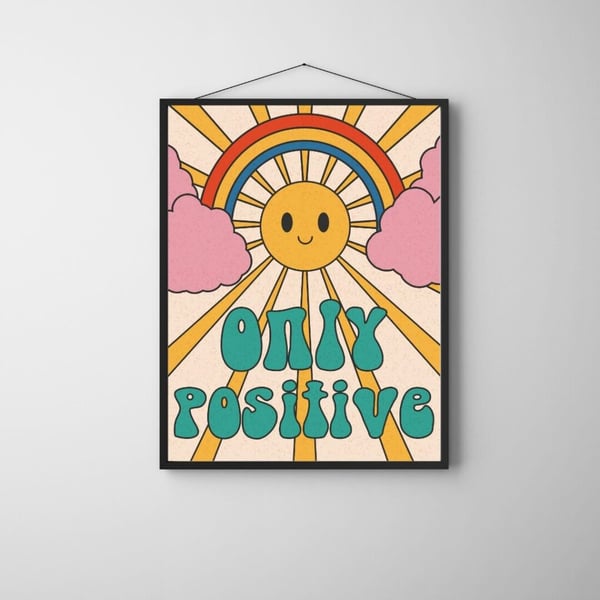 Only Positive Plakat 50x70 cm – Retro Regnbue Plakat | Motivations Vægkunst | Farverig Dekoration