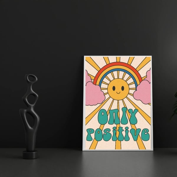 Only Positive Plakat 50x70 cm – Retro Regnbue Plakat | Motivations Vægkunst | Farverig Dekoration