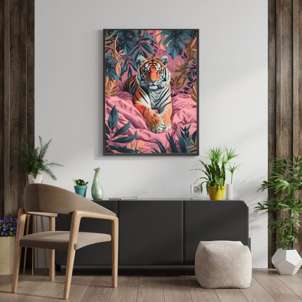 Tiger Plakat 50x70 cm – Farverig Tiger Plakat | Moderne Dyre Vægkunst | Trendy Dekoration