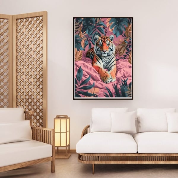 Tiger Plakat 50x70 cm – Farverig Tiger Plakat | Moderne Dyre Vægkunst | Trendy Dekoration