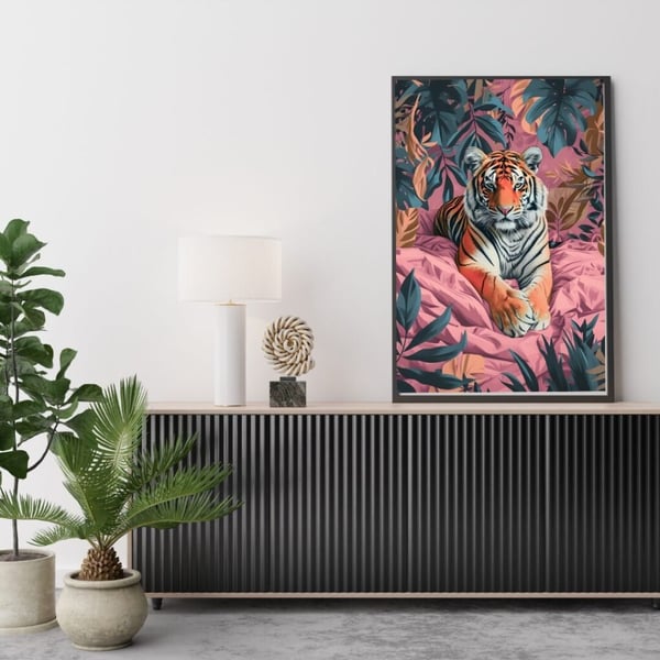Tiger Plakat 50x70 cm – Farverig Tiger Plakat | Moderne Dyre Vægkunst | Trendy Dekoration