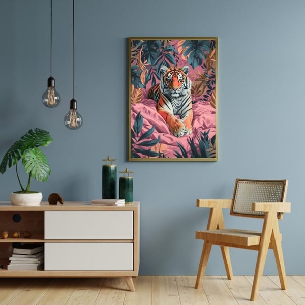 Tiger Plakat 50x70 cm – Farverig Tiger Plakat | Moderne Dyre Vægkunst | Trendy Dekoration
