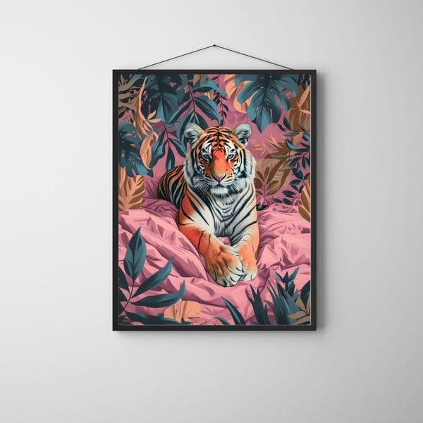 Tiger Plakat 50x70 cm – Farverig Tiger Plakat | Moderne Dyre Vægkunst | Trendy Dekoration