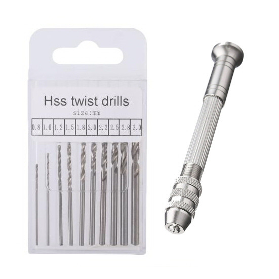 Handborr med 10 borrar från 0.8-3mm till hobby, pyssel, smycken