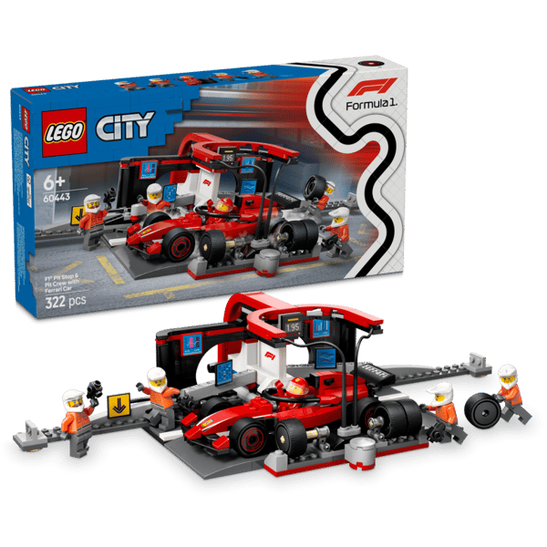 LEGO City F1 depåstopp och depåteam med Ferrari bil 60443