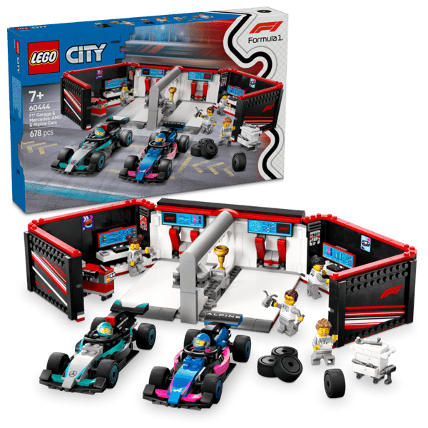 LEGO City F1 garage och Mercedes AMG och Alpine bilar 60444
