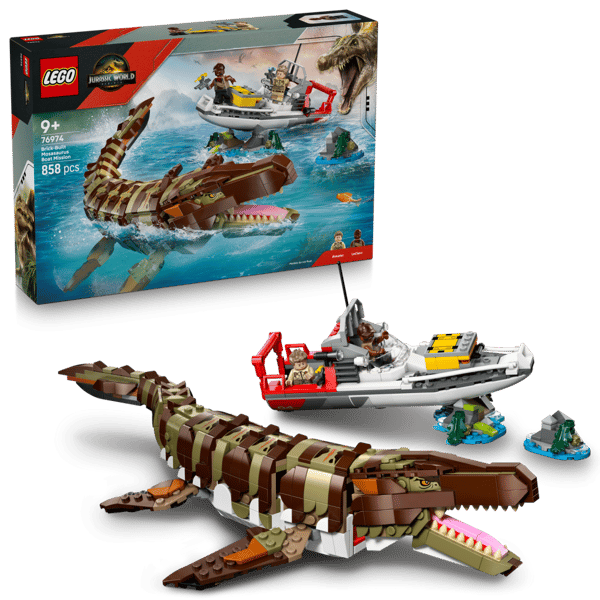 LEGO Jurassic World Båtuppdrag med klossbyggd mosasaurus 76974