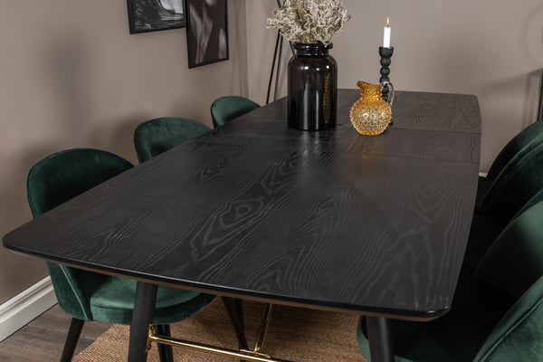 Spisebord og spisebordsstolesæt i velour, 76x180x85 cm, Grøn, Bøjet træ