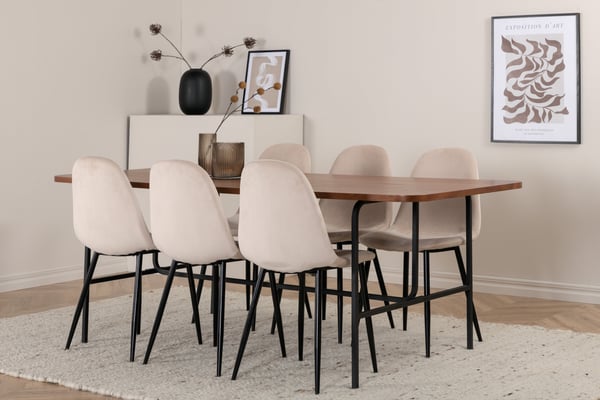 Spisebord og stole sæt, Uno, 74x200x90 cm, Sort, Valnød, Beige, Velour