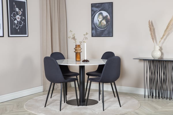 Spisebord og stole sæt, Estelle, 106 cm, Sort, Marmor, Stof