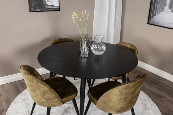 Spisebord og stol sæt, 115 cm, sort, velour, bøjet træ, MDF, stål