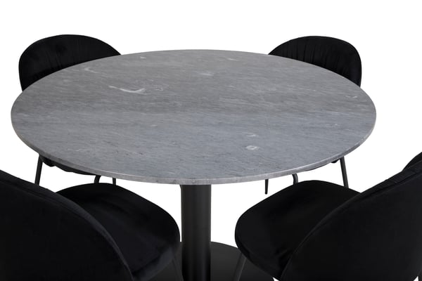 Spisebord og stol sæt, Estelle rundt spisebord, 106x75 cm, sort, marmor