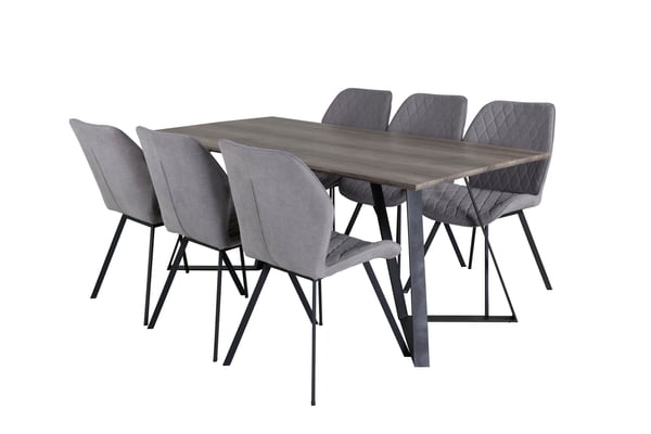 Spisebord og stol sæt, Marina spisebord og Gemma spisebordsstol, 180x90x75 cm, grå, stof