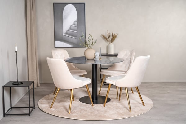Spisebord og stol sæt, Estelle, 106x75 cm, Sort, Marmor, Velour