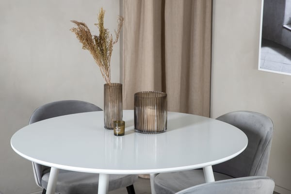 Spisebord og stole sæt, Plaza, 100 cm, hvid, velour, bøjet træ