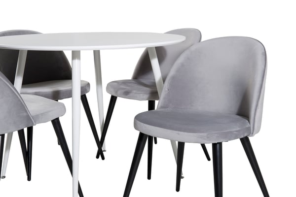 Spisebord og stole sæt, Plaza, 100 cm, hvid, velour, bøjet træ