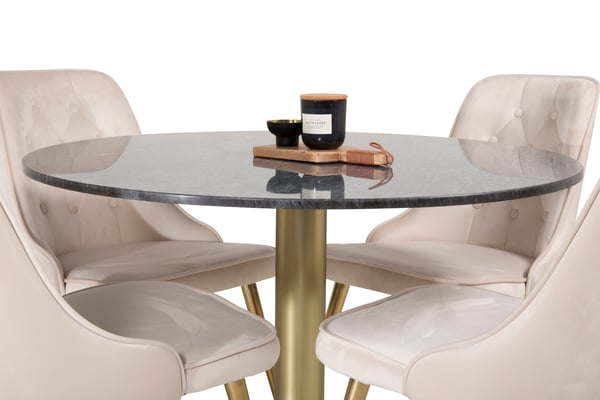 Spisebord og stol sæt, Estelle, 106 cm, grå, marmor, messing, beige, velour