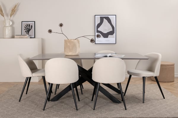 Spisebord og stol sæt, 76x180x90 cm bord, beige, sort, finer, velour