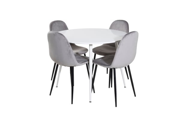 Spisebordssæt, Plaza rundt bord og Polar spisebordsstol, 100 cm, hvid, velour, bøjet træ, MDF, stål