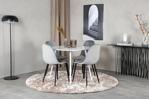Spisebordssæt, Plaza rundt bord og Polar spisebordsstol, 100 cm, hvid, velour, bøjet træ, MDF, stål