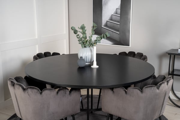 Spisebord og stol sæt, Copenhagen, Bord: 140 cm diameter, Stol: 54x76x61 cm, Sort, Grå, Velour