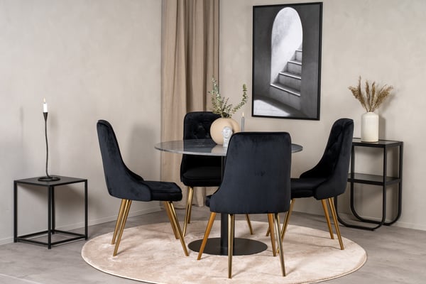 Spisebord og stole sæt, Estelle, 106 cm, grå marmor, sort