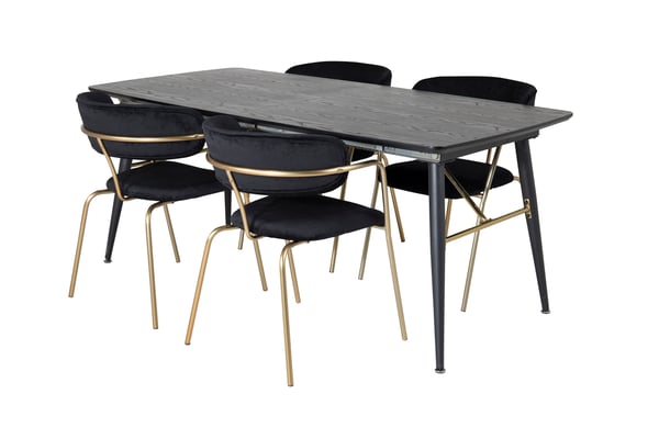Spisebord og stol sæt, 76x180x85 cm, Sort, MDF, Stål, Messing