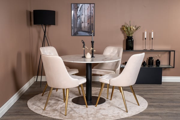 Spisebord og stol sæt, Estelle, 106x75 cm, Sort, Marmor, Velour