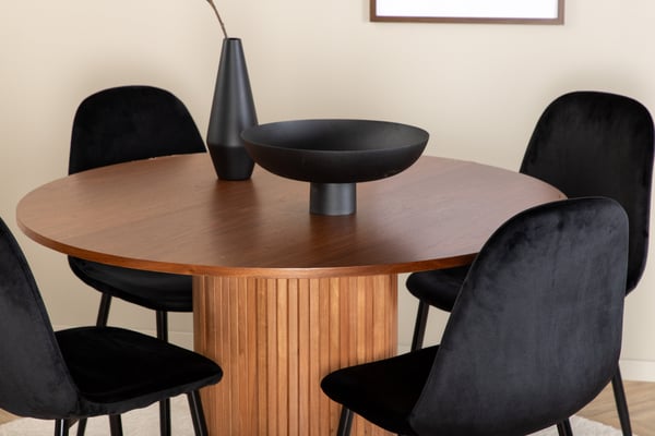 Spisebord og stolesæt, 110 cm, sort, valnød, velour