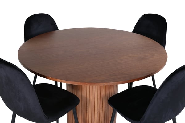 Spisebord og stolesæt, 110 cm, sort, valnød, velour