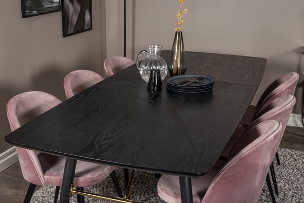 Spisebord og stol sæt, 76x180x85 cm, pink sort, bøjet træ MDF stål