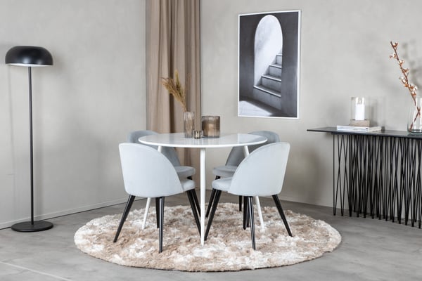 Spisebord og stol sæt, Plaza, 100x100x75 cm, Hvid, Fløjl, Bøjet træ