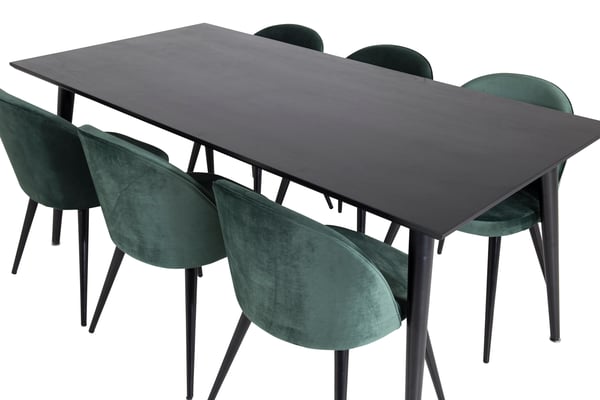 Spisebord og spisebordsstolesæt i velour, 75,5x180x90 cm, sort, bøjet træ