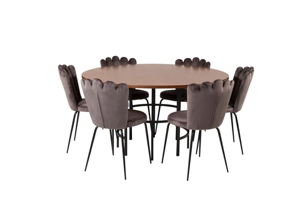 Spisebord og stol sæt, Copenhagen Limhamn, Bord: 140 cm diameter, Stol: 54x82,5x44,5 cm, Brun, Grå, MDF, Stål, Finer