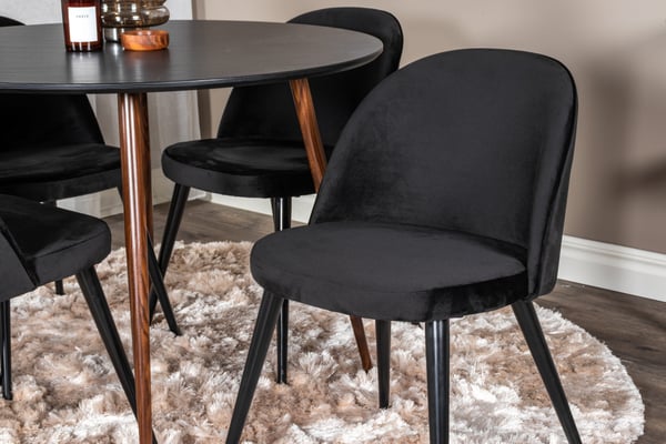 Spisebord og stol sæt, Plaza rundt bord, 100 cm, sort, velour