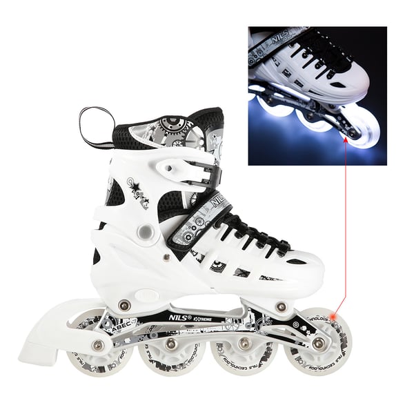 Nils Extreme NH10905 4-i-1 inlines med utbytbart hockeystycke, vit LED, storlek M (35-38)