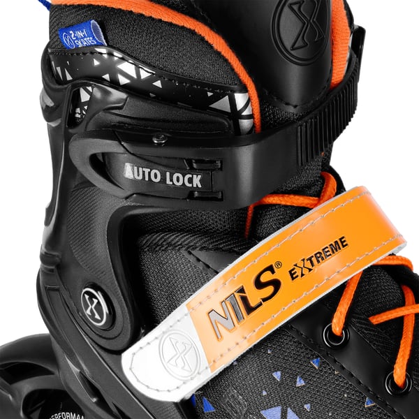 Nils Extreme NH18190A Brave 2-i-1 inlines, blå och orange, storlek L (39-43) med utbytbart hockeystycke