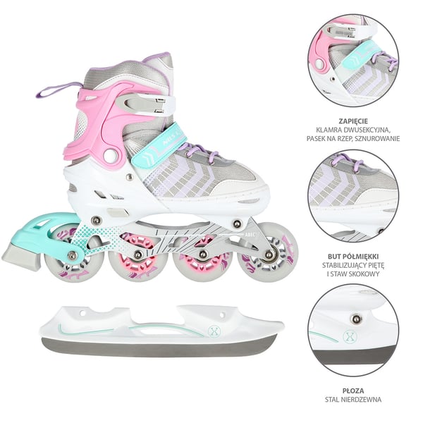 Nils Extreme NH18192 4-i-1 rullskridskor med utbytbart hockeystycke, rosa, storlek M (34-38)
