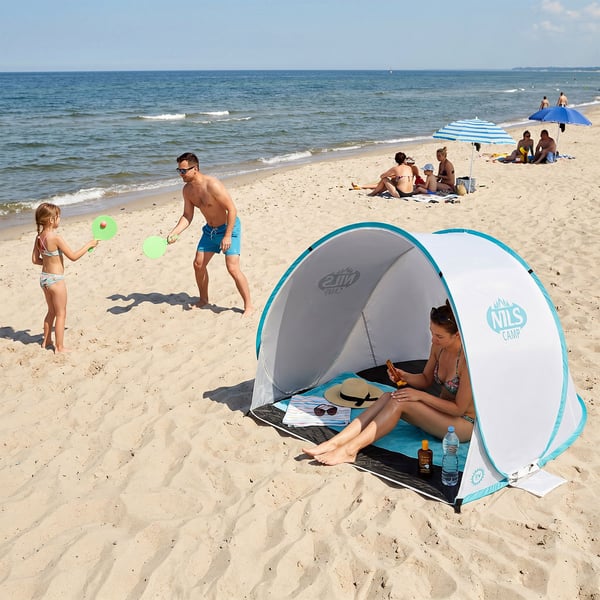 Selvopslående strandtelt med bund NILS NC3173 grå-turkis