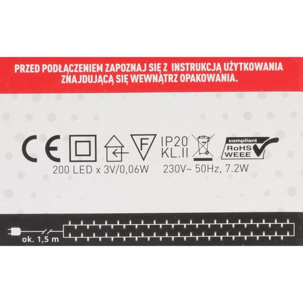 200 LED-joulukuusenvaloa energiansäästödiodeilla, lämmin valkoinen väri, sisäkäyttöön, renkaaseen upotettu, EU-standardien mukainen