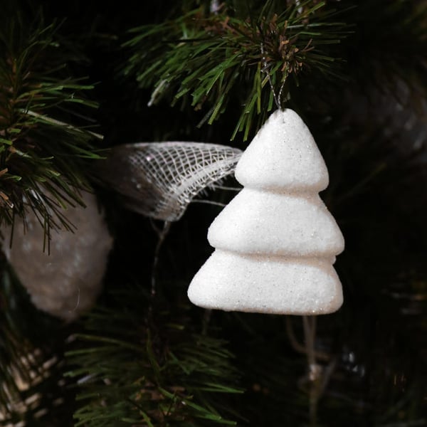 Set med 6 hvide glitterjuledekorationer i frigolit, 7 cm, børnesikre