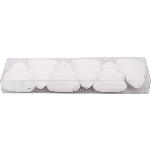 Set med 6 hvide glitterjuledekorationer i frigolit, 7 cm, børnesikre