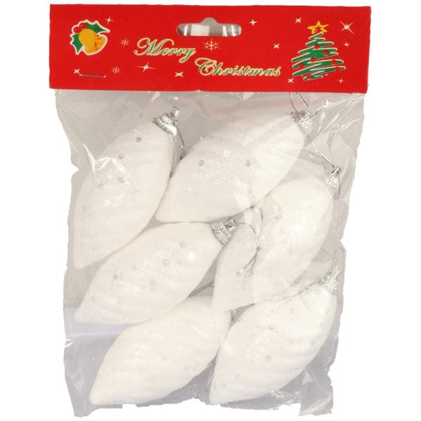 Set med 6 vita frigolitkonformade julgranskulor med glitter, 9 cm