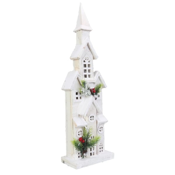LED juledekoration - snødækket trækirke 55 cm, hvid, batteridrevet