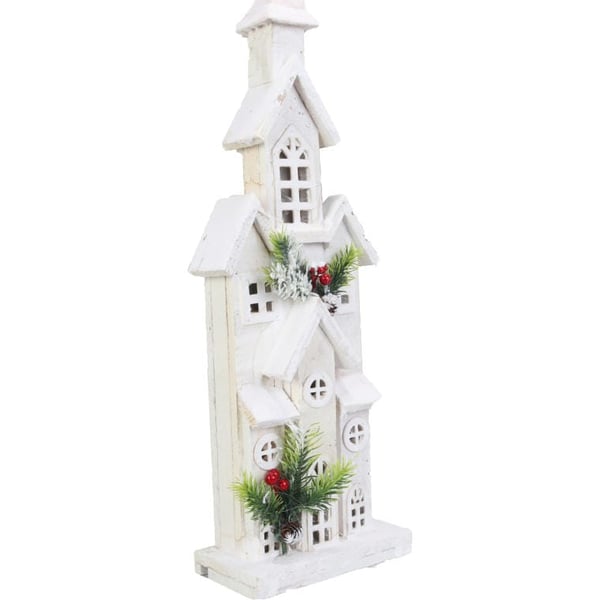 LED juledekoration - snødækket trækirke 55 cm, hvid, batteridrevet