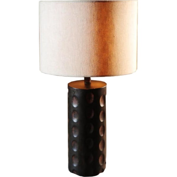 Afrikansk golvlampa med linneskärm och snidad trädesign
