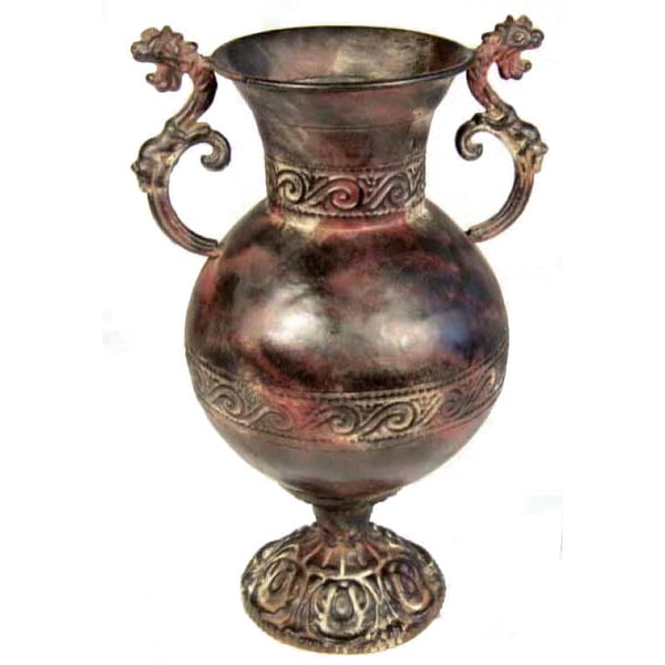 Ruskeasta metallityöstä valmistettu amfora, 36x18 cm